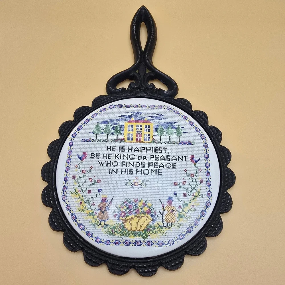 Vintage Cast Iron Trivet‎ Ceramic Insert Home Quote Cross Stitch Style Black